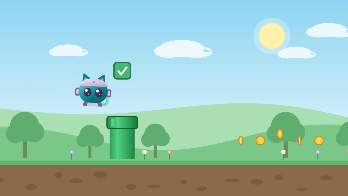Pixel the robot cat jumping onto a green pipe in a grassy platformer level, with a green tick block above the pipe and gold coins ahead.