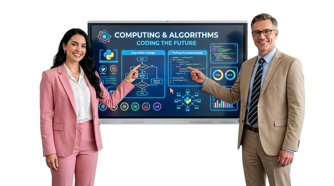 Two teachers at an interactive whiteboard showing a lesson on computing and algorithms, with an algorithm design flowchart and Python code on screen.